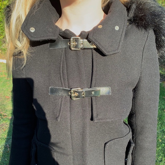Zara Black 75% Wool Winter Jacket coat Hood with black fur metal Buckel pocket S - Picture 11 of 16